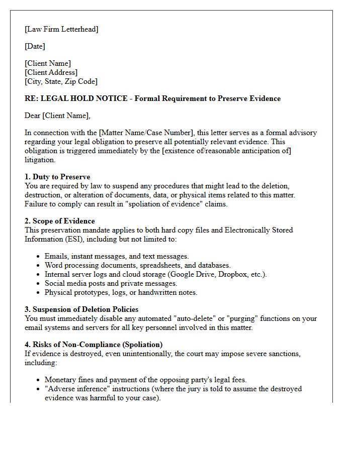 Client Advisory Letter on Evidence Preservation and Spoliation Risks