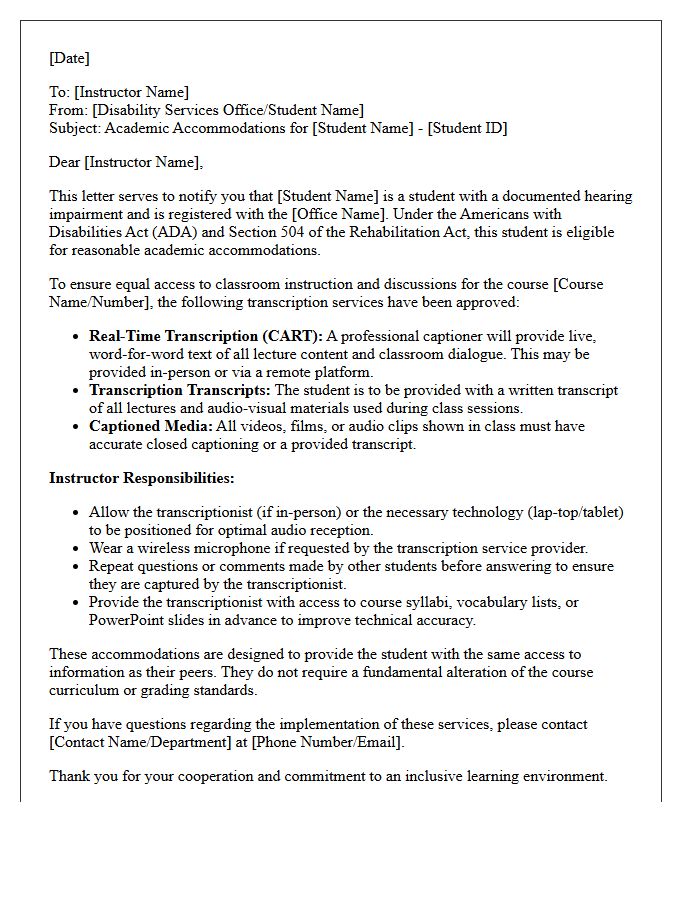 Hearing Impairment Lecture Transcription Accommodation Letter