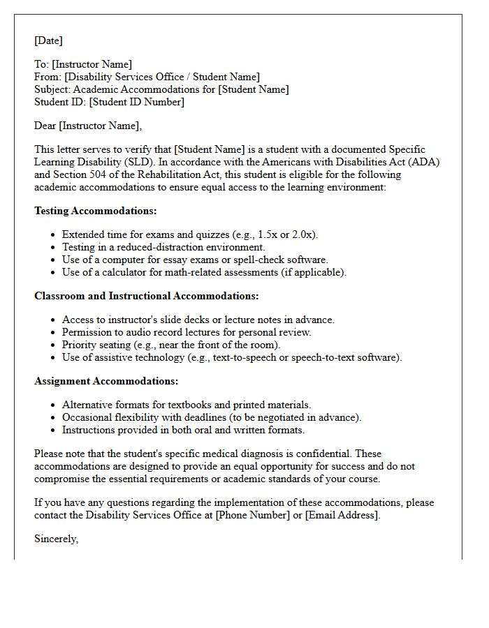 Specific Learning Disability Academic Support Accommodation Letter