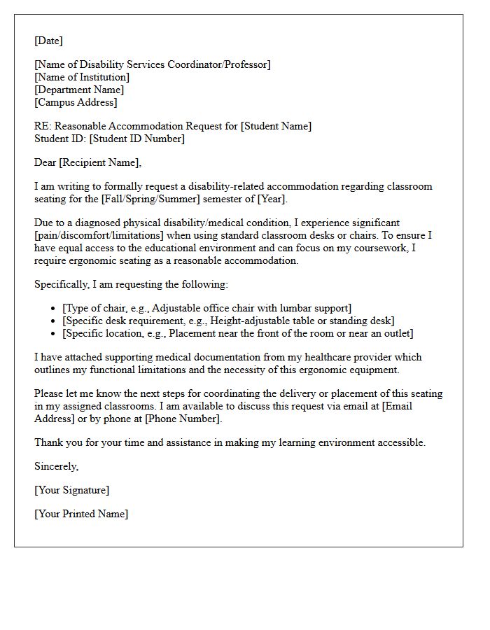 Ergonomic Classroom Seating Disability Accommodation Letter