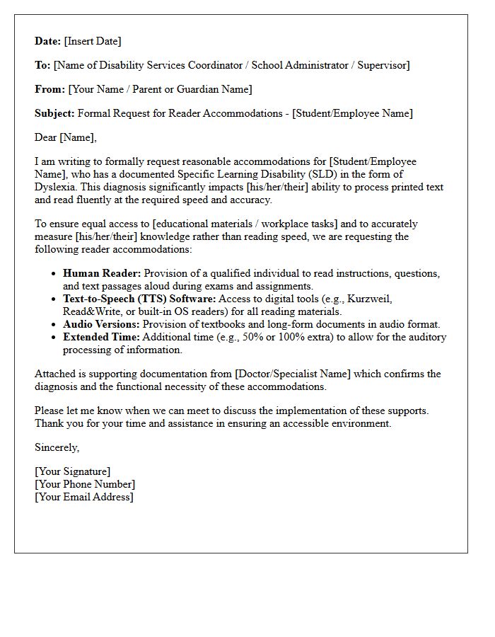 Specific Learning Disability Dyslexia Reader Accommodation Letter
