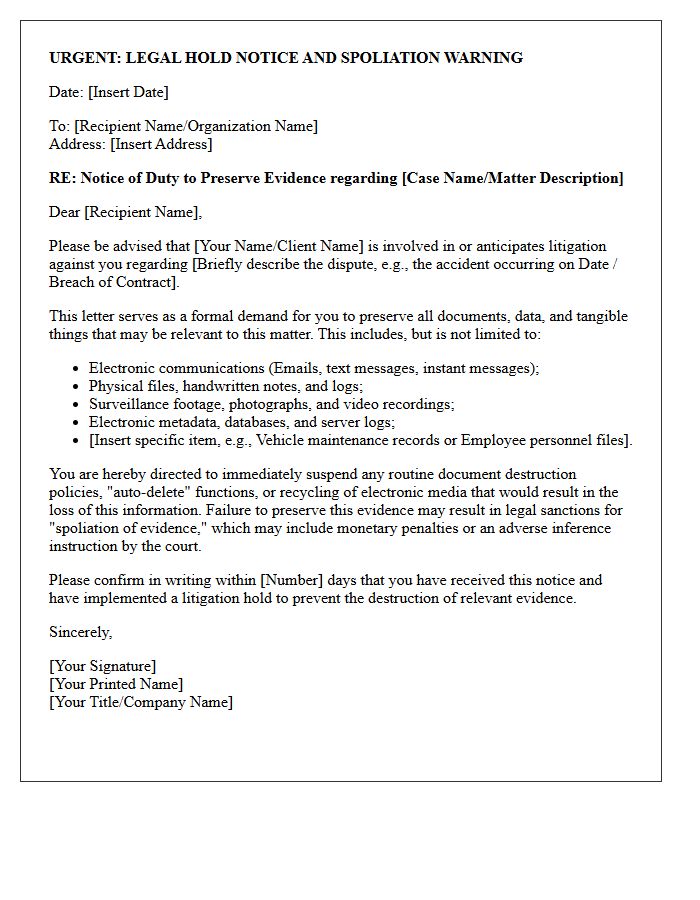 Litigation Hold and Spoliation Warning Letter