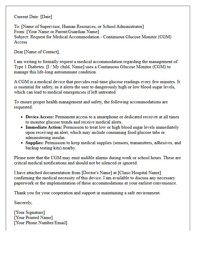 Type One Diabetes Continuous Glucose Monitor Access Accommodation Letter