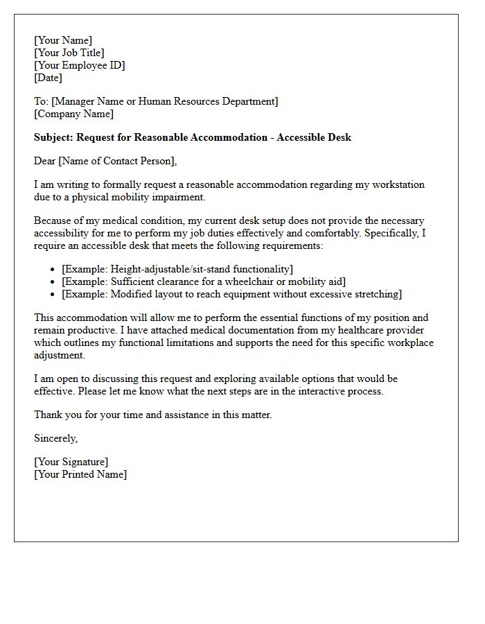 Physical Mobility Impairment Accessible Desk Accommodation Letter