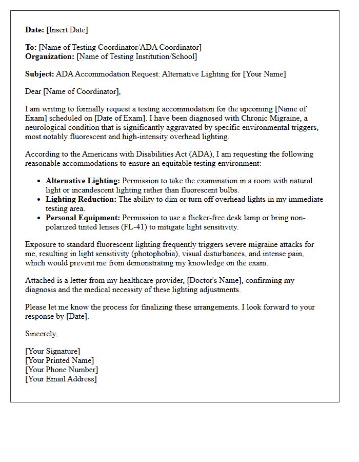 Chronic Migraine Alternative Lighting Testing Accommodation Letter