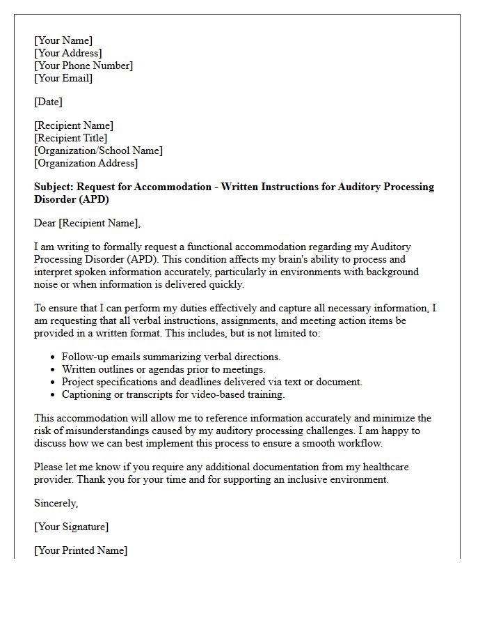 Auditory Processing Disorder Written Instructions Accommodation Letter