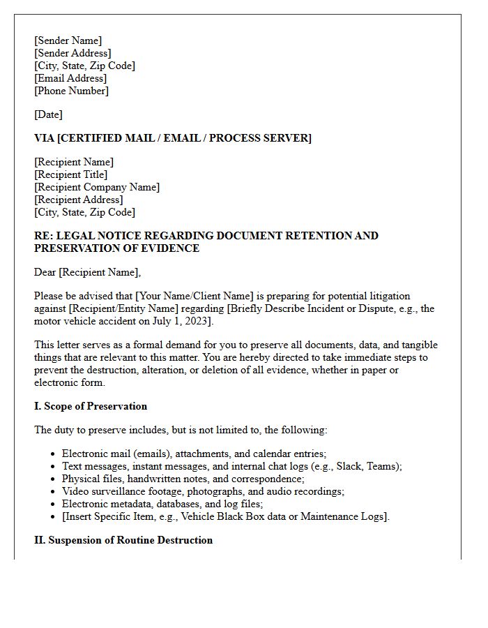 Pre-Suit Document Retention and Spoliation Advisory Letter