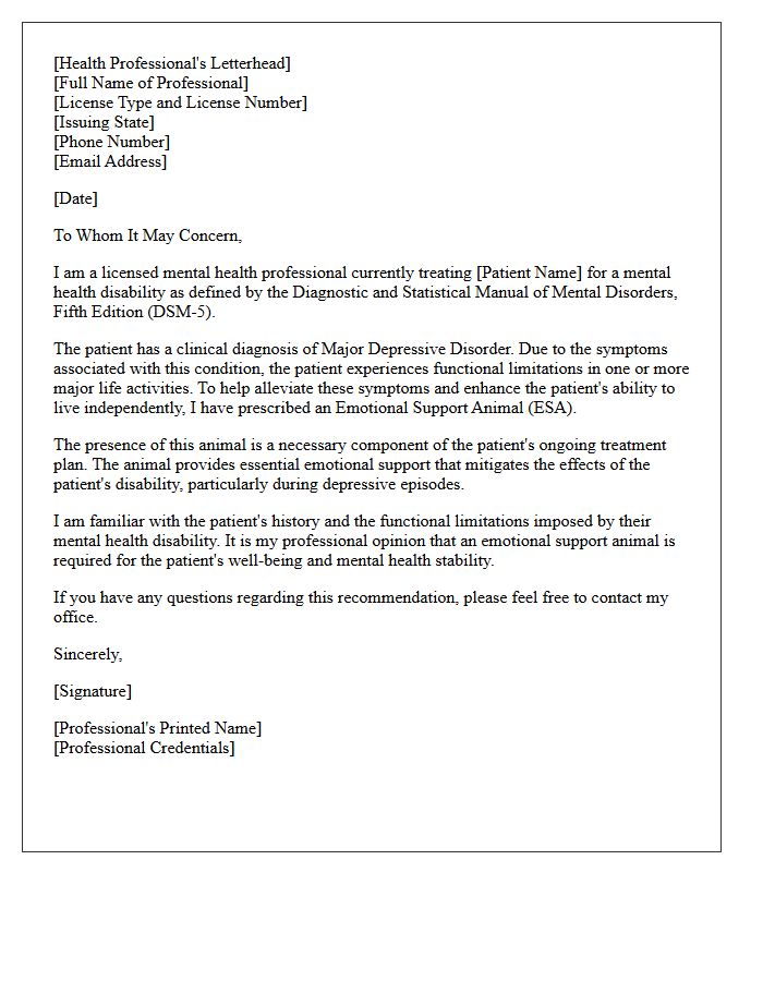 Emotional Support Animal Prescription Letter For Major Depressive Disorder