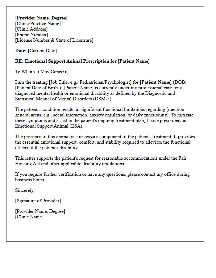 Pediatric Emotional Support Animal Prescription Letter