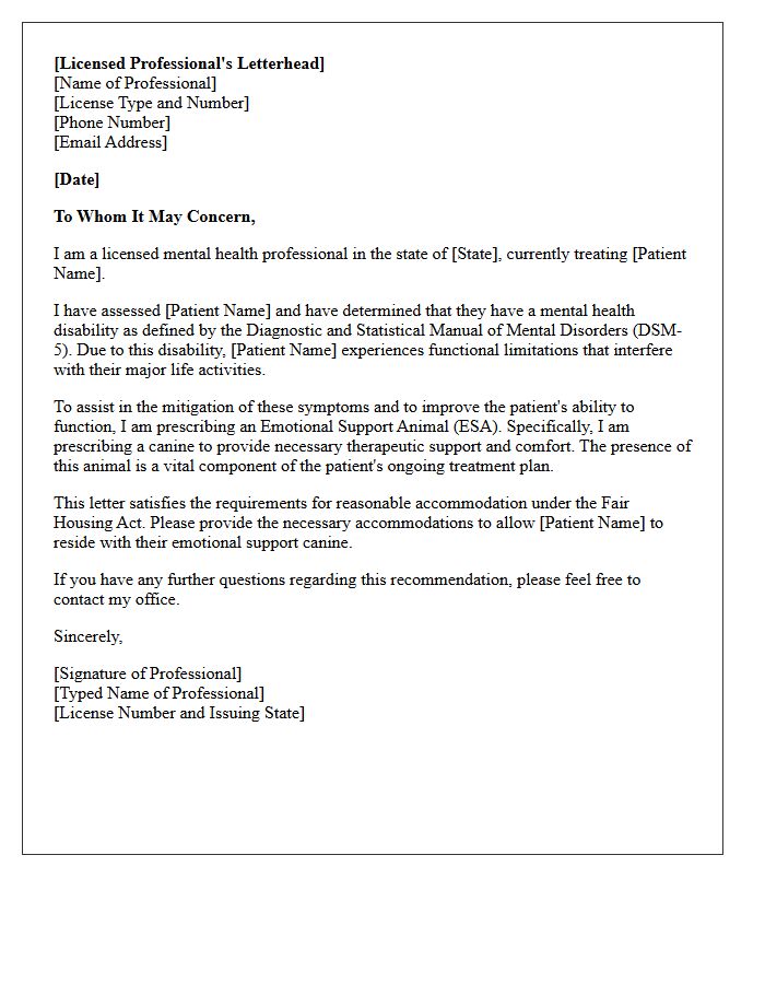 Canine Emotional Support Animal Prescription Letter
