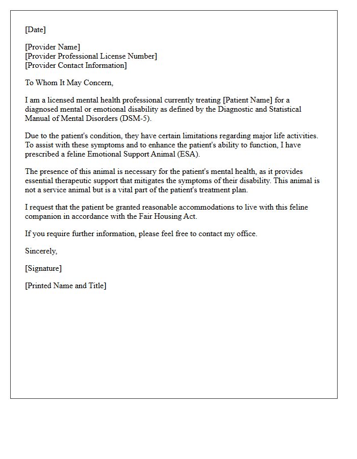 Feline Emotional Support Animal Prescription Letter