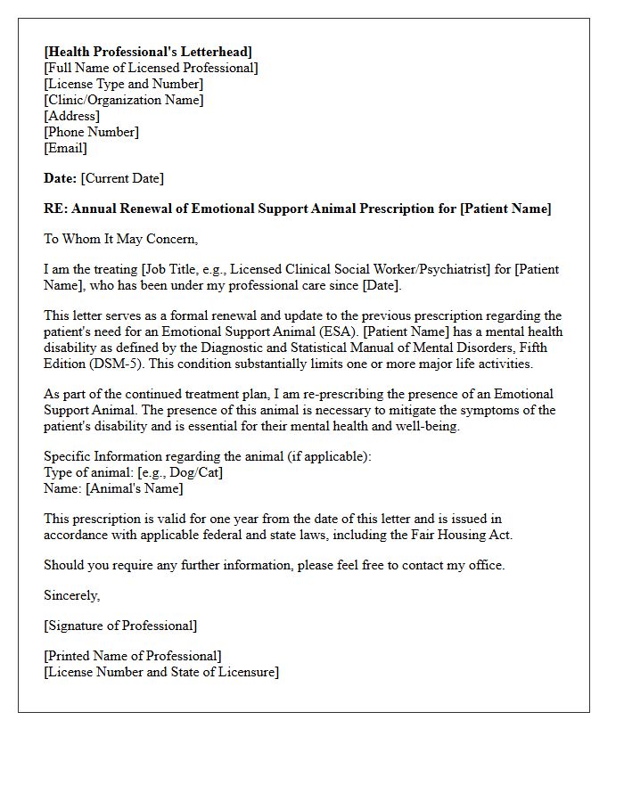 Annual Renewal Emotional Support Animal Prescription Letter