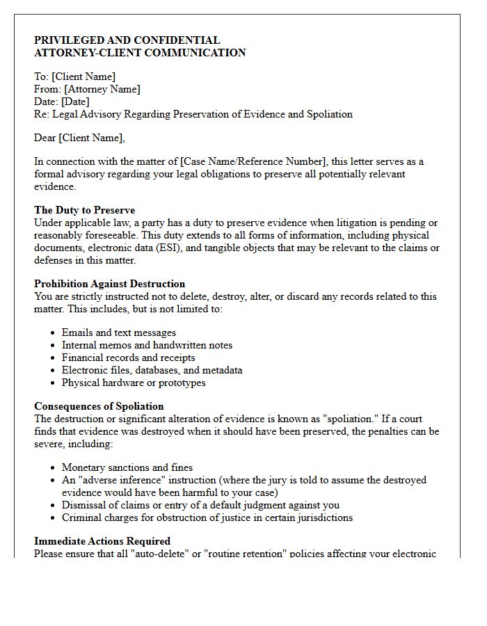 Counsel Advisory Letter Regarding Destruction of Evidence