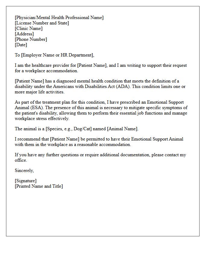 Workplace Accommodation Emotional Support Animal Prescription Letter