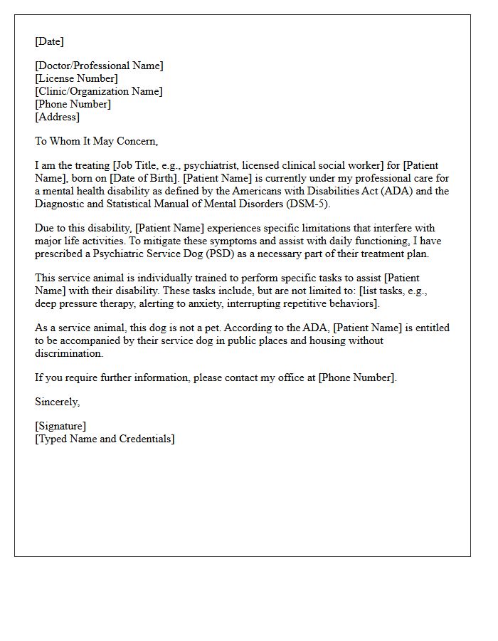 Psychiatric Service Dog Medical Recommendation Letter