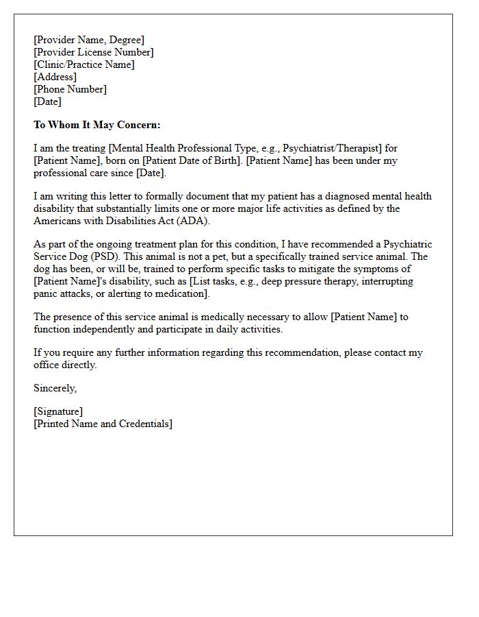 Official Medical Recommendation Letter for a Psychiatric Service Dog