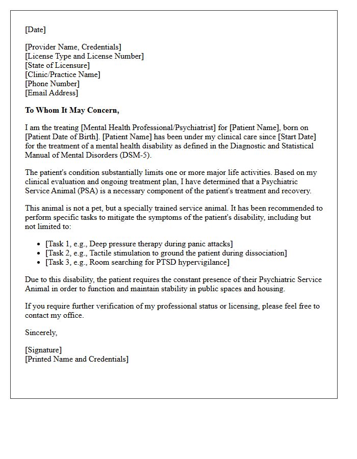 Clinical Evaluation and Recommendation Letter for a Psychiatric Service Animal