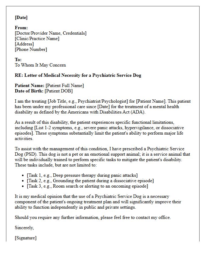 Letter of Medical Necessity for a Psychiatric Service Dog