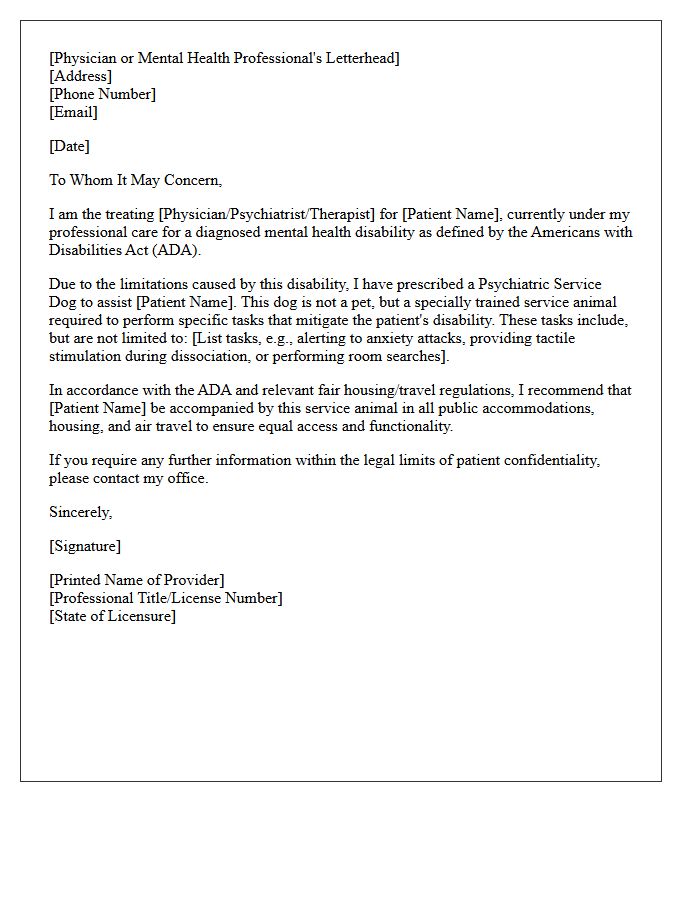 Patient Prescription Letter for Psychiatric Service Dog Accommodations