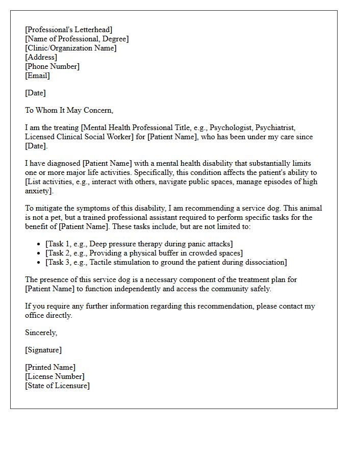 Mental Health Professional Recommendation Letter for a Service Dog