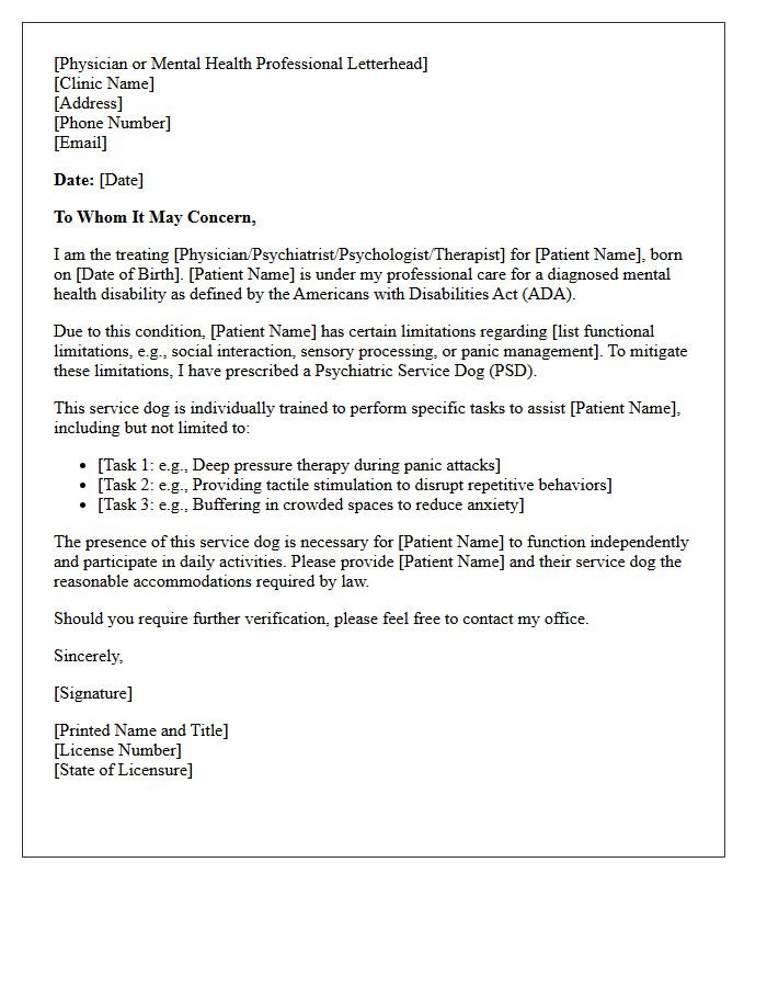 Medical Clinic Verification Letter for Psychiatric Service Dog Use