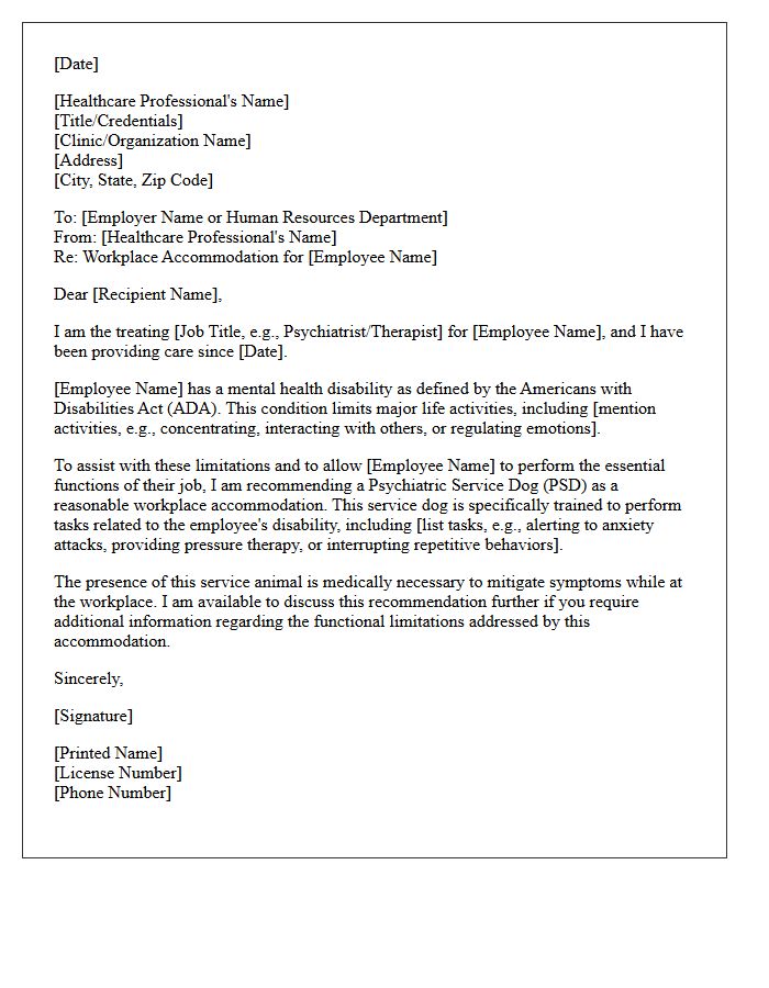 Psychiatric Service Dog Workplace Accommodation Recommendation Letter