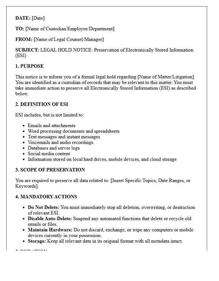 Electronically Stored Information Preservation Advisory Letter