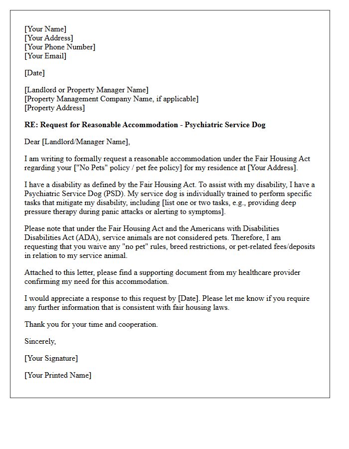 Housing Accommodation Letter for Psychiatric Service Dog Requests