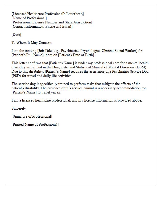Airline Travel Medical Clearance Letter for a Psychiatric Service Dog