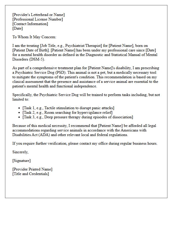 Psychiatric Service Dog Treatment Plan Recommendation Letter