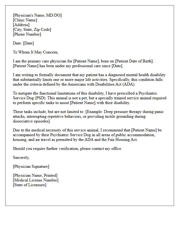 Primary Care Physician Letter for Psychiatric Service Dog Approval