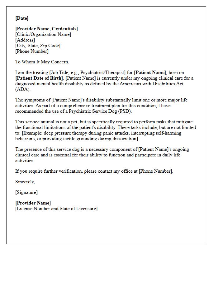 Ongoing Clinical Care Recommendation Letter for a Psychiatric Service Dog