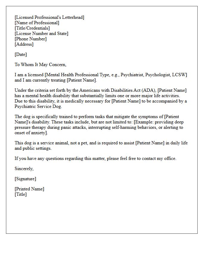 Psychiatric Service Dog Eligibility and Verification Letter