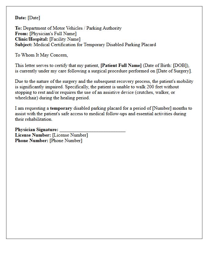 Post-Surgical Disabled Parking Placard Authorization Letter