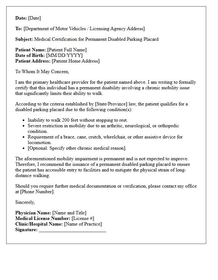 Chronic Mobility Issue Disabled Parking Placard Authorization Letter