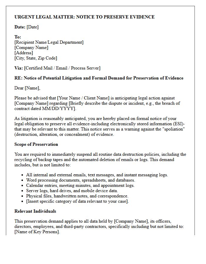 Pre-Litigation Data Spoliation Risk Warning Letter