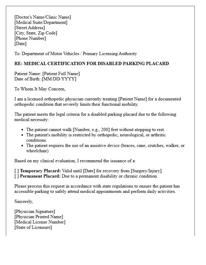 Orthopedic Patient Disabled Parking Placard Authorization Letter