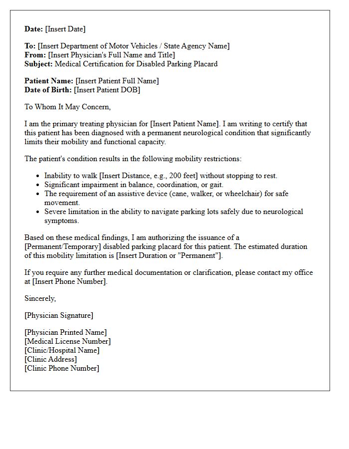 Neurological Condition Disabled Parking Placard Authorization Letter