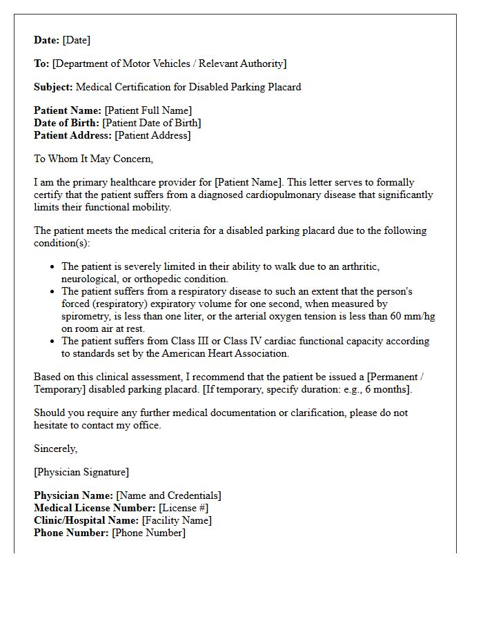 Cardiopulmonary Disease Disabled Parking Placard Authorization Letter