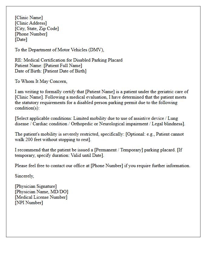 Geriatric Clinic Disabled Parking Placard Authorization Letter