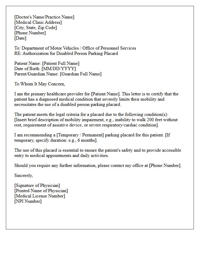 Pediatric Patient Disabled Parking Placard Authorization Letter