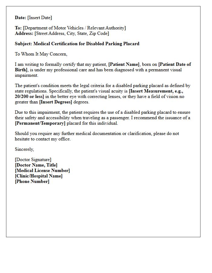 Visual Impairment Disabled Parking Placard Authorization Letter