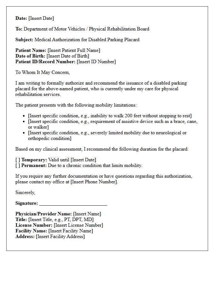 Physical Rehabilitation Disabled Parking Placard Authorization Letter