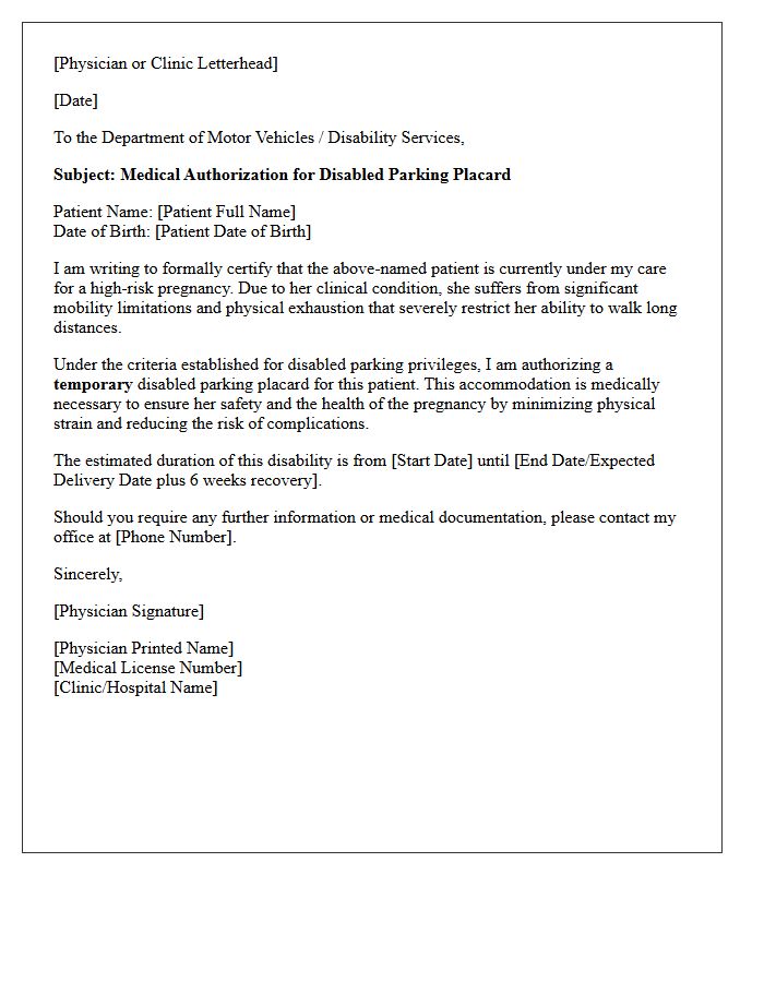 High-Risk Pregnancy Disabled Parking Placard Authorization Letter