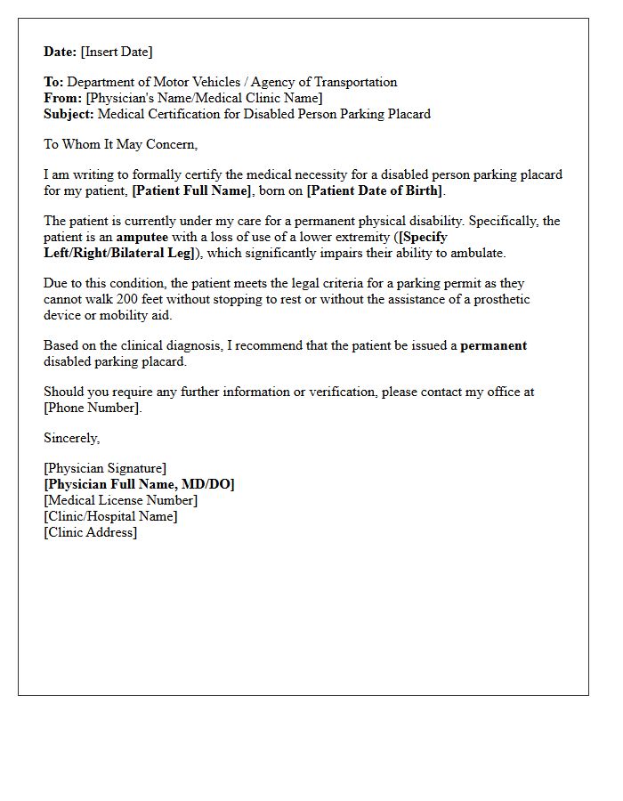Amputee Patient Disabled Parking Placard Authorization Letter