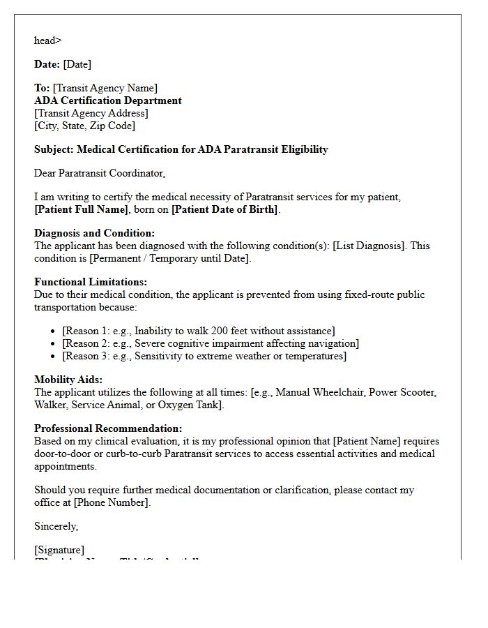 Initial Paratransit Service Medical Certification Letter