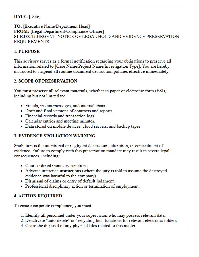 Corporate Compliance and Evidence Spoliation Advisory Letter