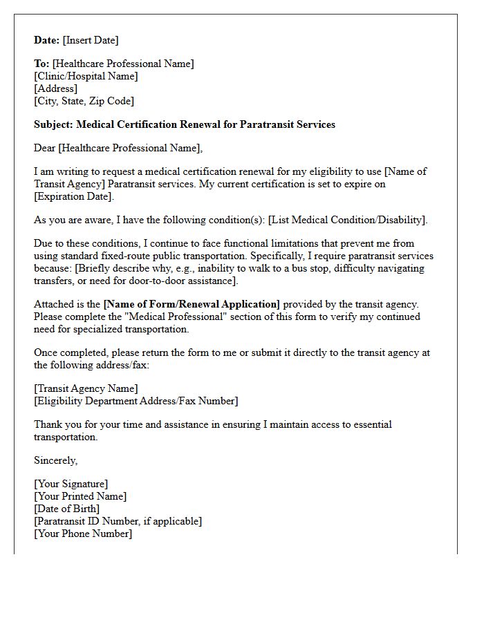 Paratransit Service Medical Certification Renewal Letter