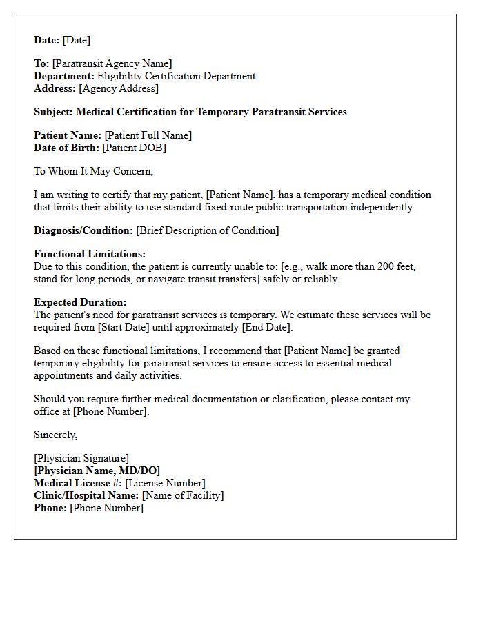 Temporary Disability Paratransit Service Medical Certification Letter