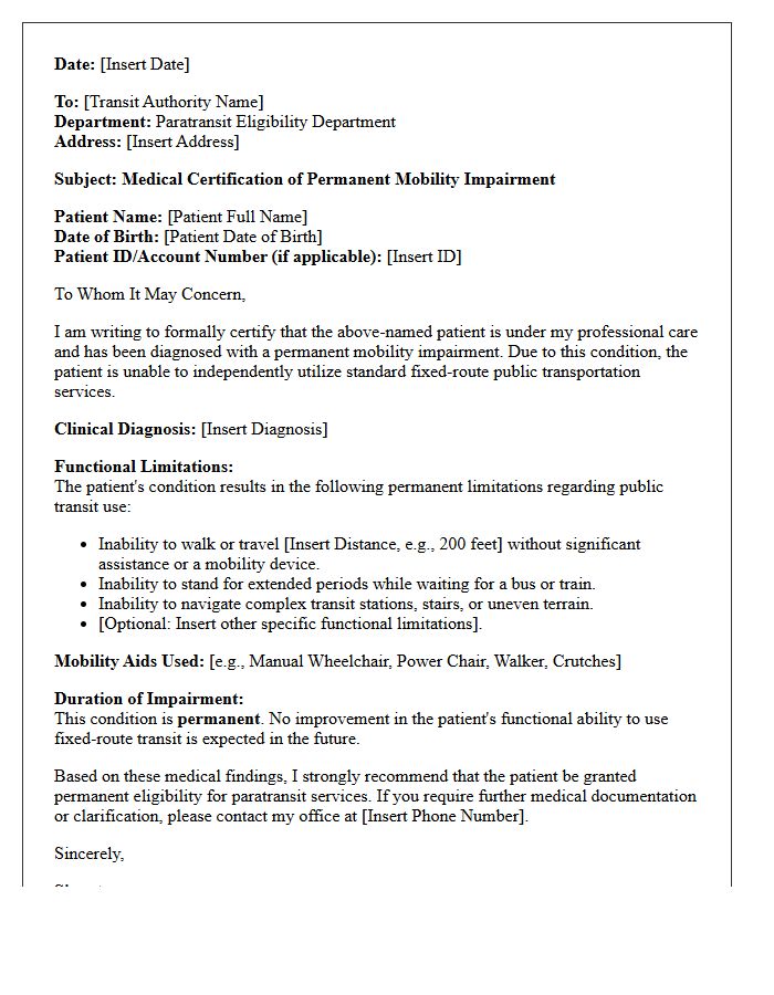 Permanent Mobility Impairment Paratransit Medical Certification Letter